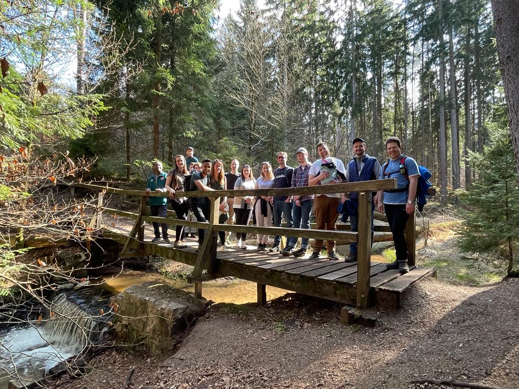 Bild der Wanderer auf einer Holzbrücke